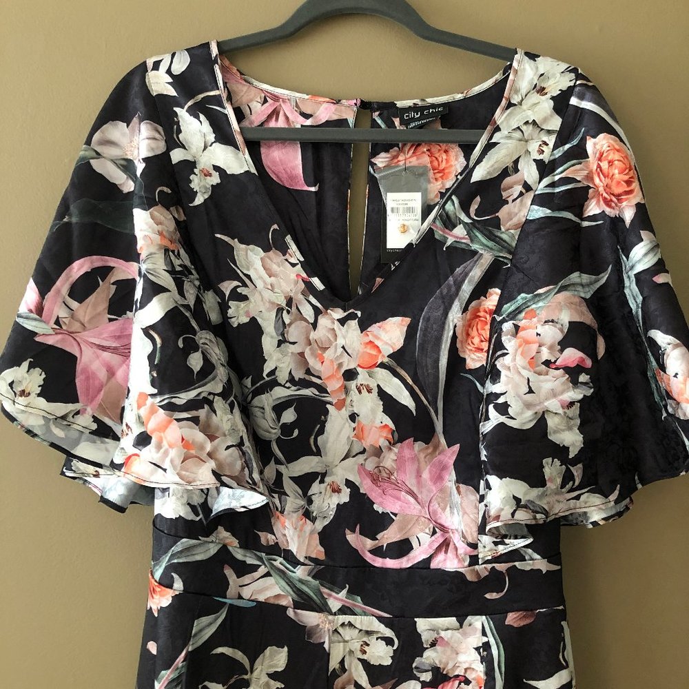 City Chic Midnight Floral Short Sleeve Cropped Jumpsuit Black L 20 NWT - Picture 5 of 12